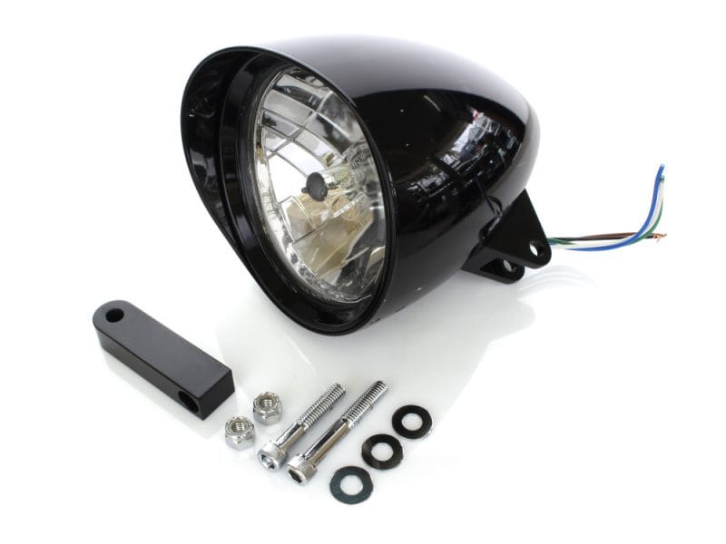 Black motorcycle headlight with mounting hardware and wiring for Revelry Motorcycles.