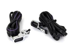 High-performance motorcycle LED turn signals with extended wiring for Revelry Motorcycles.