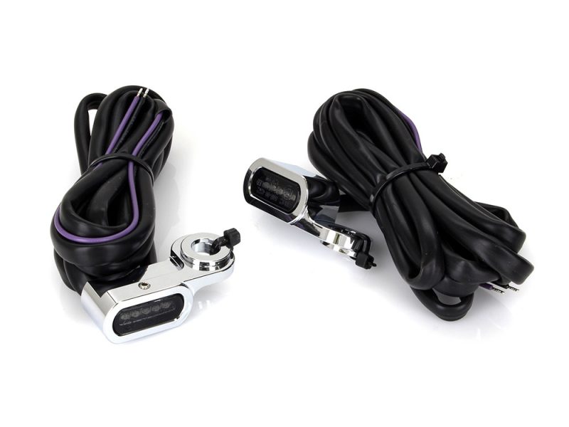 Under Perch Turn Signals - Chrome. Fits Softail S 2016-2017 High-performance motorcycle LED turn signals with extended wiring for Revelry Motorcycles.