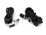 High-performance motorcycle LED turn signals with black and purple wiring for Revelry Motorcycles.