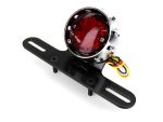Bright red motorcycle LED tail light with stainless steel housing for Revelry Motorcycles.