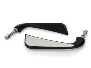 Chrome motorcycle rearview mirror with black and silver finish for Revelry Motorcycles.
