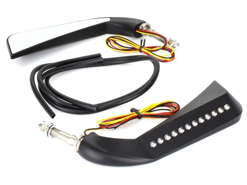 Slim Sickle / Avenger Mirrors with LED Indicators - Black. High visibility motorcycle LED turn signals for Revelry Motorcycles - sleek black design with bright LED lights.