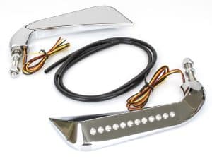 Chrome motorcycle turn signal lights with wiring harness and LED indicators for Revelry Motorcycles.