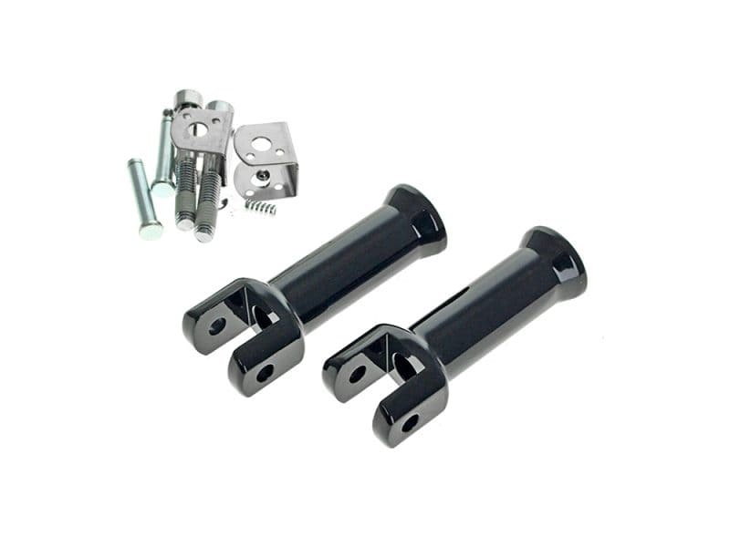 Black motorcycle crash guard mounts with mounting hardware, used for bike protection and style.