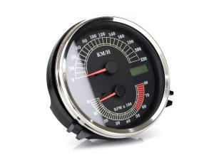 Digital motorcycle speedometer and tachometer gauge for Revelry Motorcycles.