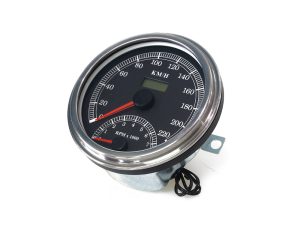 Speedometer and tachometer motorcycle gauge with chrome bezel for Revelry Motorcycles.