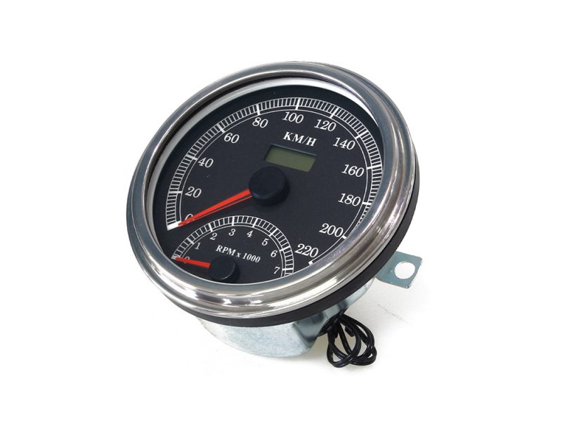 4-1/2in. Tank Mount KPH Speedometer with Tachometer - Chrome. Fits Big Twin 1936-1995 Speedometer and tachometer motorcycle gauge with chrome bezel for Revelry Motorcycles.