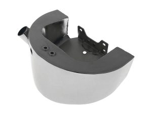 Bright motorcycle helmet shell with black interior and mounting points.