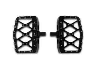 Lightweight black motorcycle footpegs with rugged design for enhanced grip and durability.