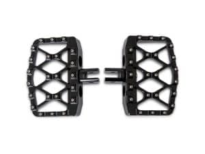 Aluminium motorcycle foot pegs with a hexagonal pattern for Revelry Motorcycles enthusiasts.