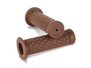 Rubber motorcycle handlebar grips for Revelry Motorcycles, tan colour, textured pattern.
