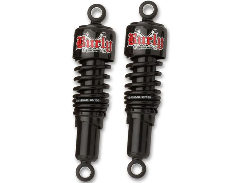 Black motorcycle shocks with Burly branding for Harley-Davidson bikes.