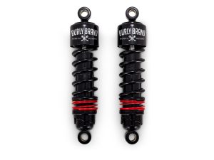 High-quality black motorcycle shock absorbers with red coil springs for Revelry Motorcycles.