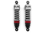 Heavy-duty motorcycle shocks with chrome finish for Harley Davidson bikes.