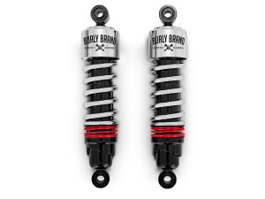 Heavy-duty motorcycle shocks with chrome finish for Harley Davidson bikes.