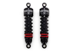 Revelry Motorcycles shock absorbers for enhanced motorcycle suspension performance, durable and black with red accents.