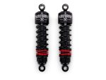 Burly Brand motorcycle shock absorbers, black with red coil springs, premium quality motorcycle accessories.