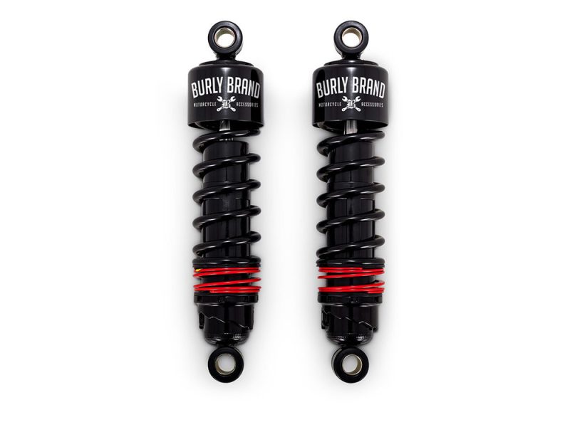 Burly Brand motorcycle shock absorbers, black with red coil springs, premium quality motorcycle accessories.