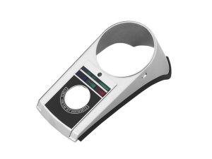 Aluminium motorcycle handlebar control cover with colourful striped design.