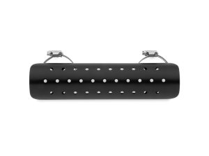 Stylish black motorcycle exhaust heat shield for Revelry Motorcycles.