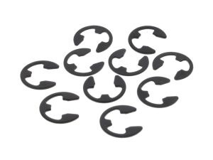 Small black retaining clips for motorcycle chains and sprockets.