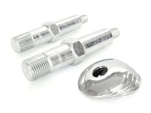Chrome motorcycle axle bolts with spacers for Revelry Motorcycles enhancement.