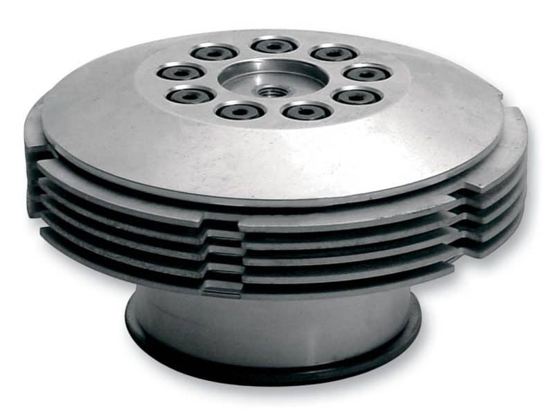 High-performance motorcycle cylinder head with cooling fins.