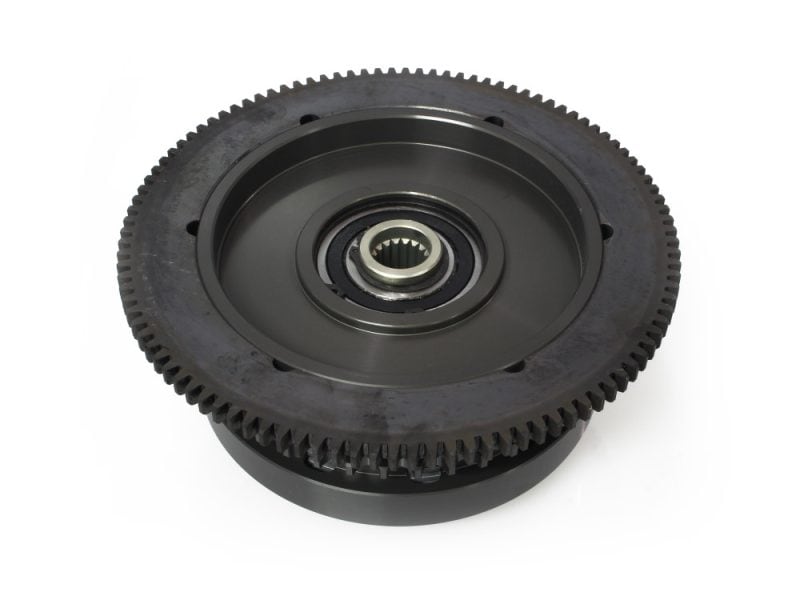 High-performance motorcycle flywheel, essential for engine stability and power transfer.
