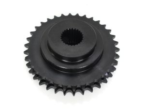 Black motorcycle sprocket for Revelry Motorcycles, high-quality part for optimal bike performance.