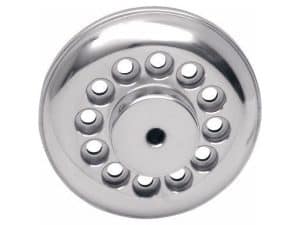 Polished chrome motorcycle wheel hub cap for custom vintage bikes.