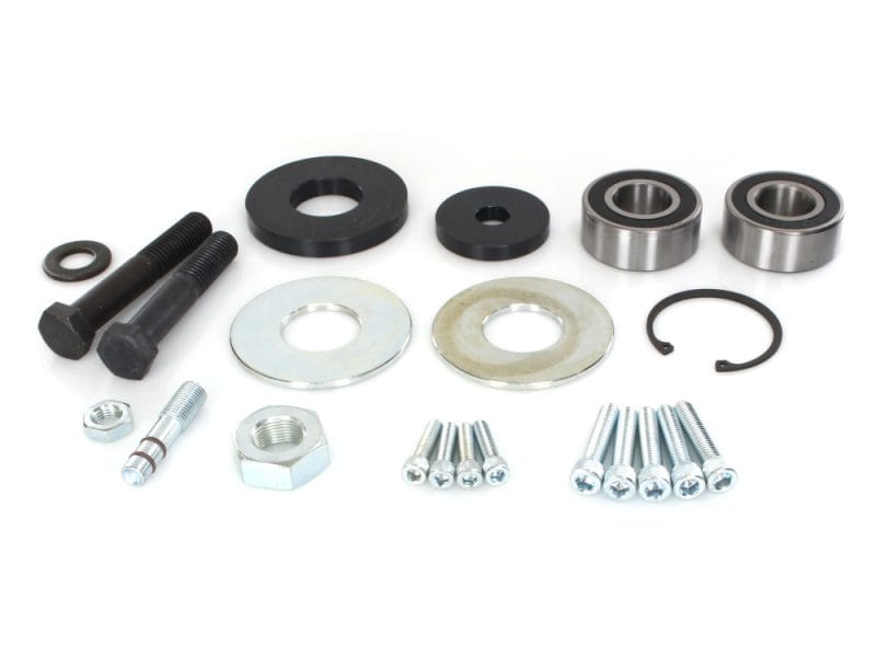 High-performance motorcycle wheel bearing kit with bolts and spacers for Revelry Motorcycles.