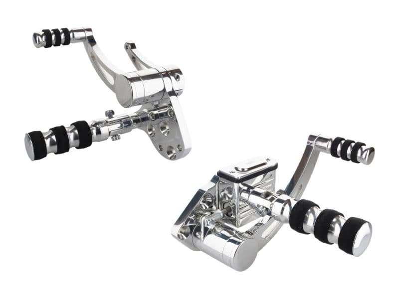 Chrome motorcycle foot pegs and foot controls for Revelry Motorcycles, durable and stylish.