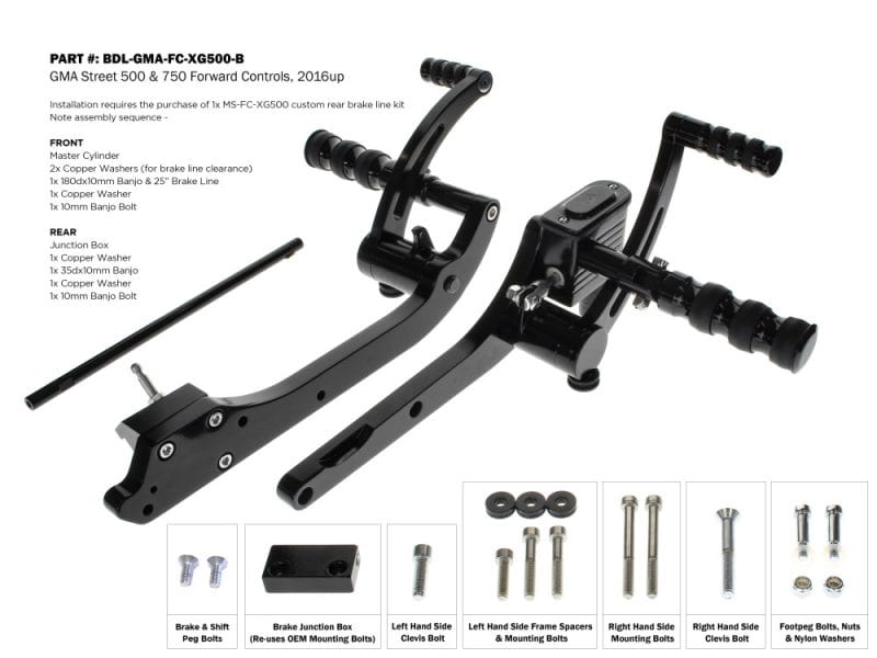 Black motorcycle rear footrest assembly with mounting hardware for GMA Street 500 & 750 models.