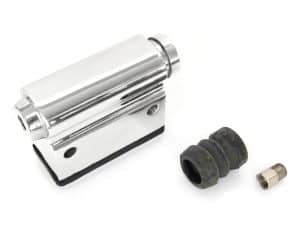 Polished motorcycle shock absorber part with rubber bushing and fitting, for Revelry Motorcycles.