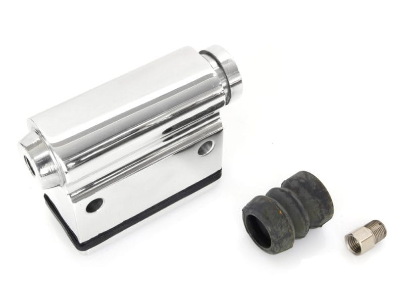 Kelsey Hayes Style Rear Brake Master Cylinder with 5/8in. Bore - Chrome. Fits FX 1980-1983 Polished motorcycle shock absorber part with rubber bushing and fitting, for Revelry Motorcycles.