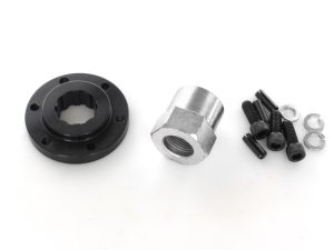 Black motorcycle sprocket hub adapter with bolts and washers for Revelry Motorcycles.
