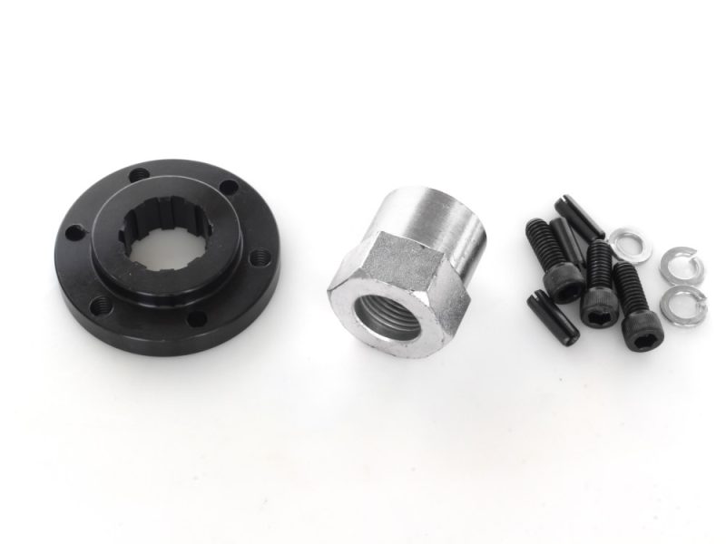 Black motorcycle sprocket hub adapter with bolts and washers for Revelry Motorcycles.
