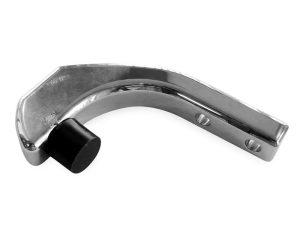 Chrome motorcycle exhaust hanger with rubber mount for Revelry Motorcycles.