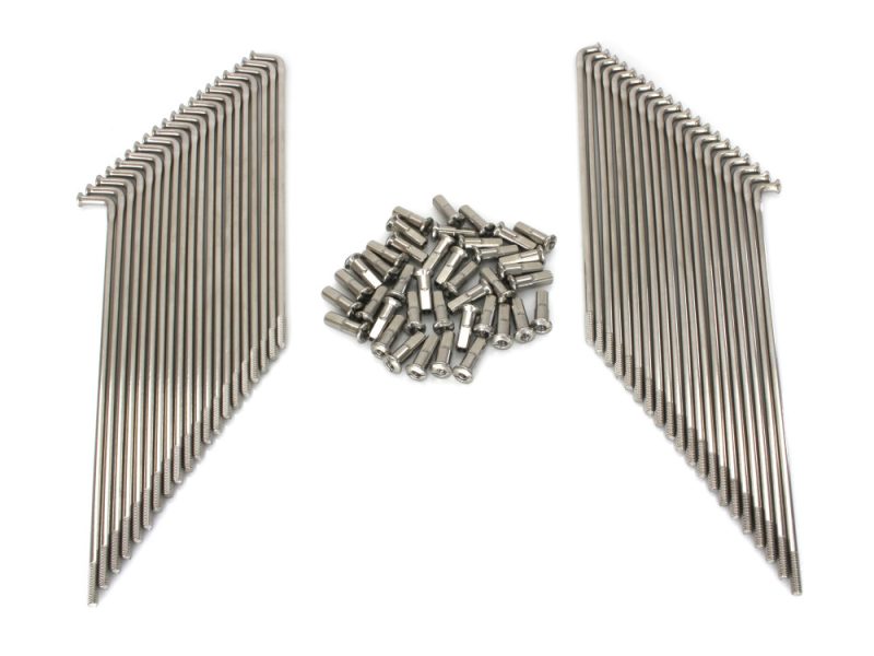 19in. Spokes - Stainless Steel. Fits the Genuine H-D Smooth Profile Rim when used in conjunction with 2006up OEM H-D Mid Glide Front End. Set of stainless steel motorcycle spokes and nipples for Revelry Motorcycles.