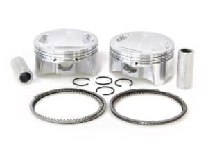 Lightweight motorcycle pistons and crankshaft components from Revelry Motorcycles.