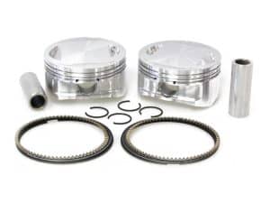 Aluminium motorcycle pistons with connecting rods and rings for Revelry Motorcycles.