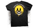 Crooked clubhouse graphic t-shirt with skull and yellow smiley face design, motorcycle streetwear.