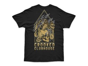 Black T-shirt with Crooked Clubhouse skull, eagle, and snake graphic for motorcycle enthusiasts.