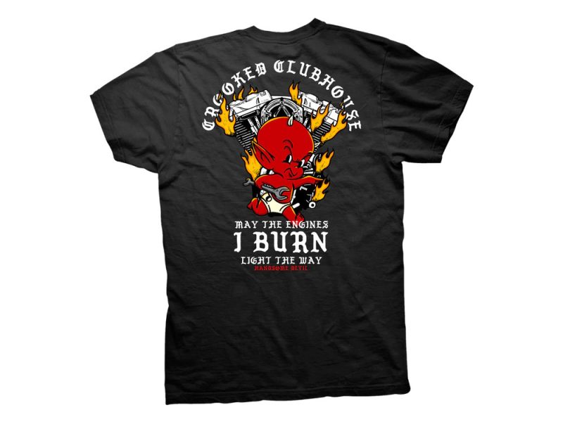 Vibrant motorcycle-themed graphic t-shirt featuring flaming engine artwork and rebellious slogans for motorcycle enthusiasts.