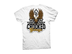 Vengeful eagle with checkered flags and Crooked Garage logo T-shirt, bike enthusiast apparel, motorcycle club merchandise, motorcycle rider gift.