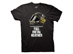 Bold motorcycle helmet graphic with "Full Metal Heathen" text on black T-shirt for riding enthusiasts and motorcyclists.