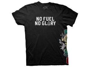No fuel no glory motorcycle T-shirt with rebellious motorcycle rider design in black.