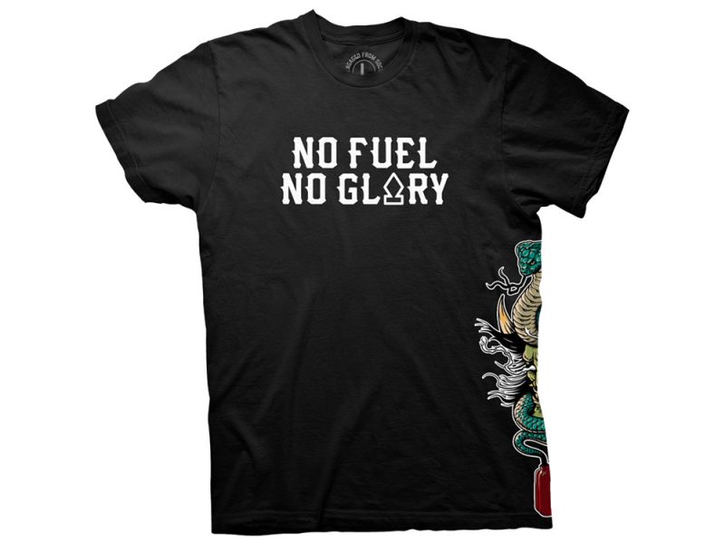No fuel no glory motorcycle T-shirt with rebellious motorcycle rider design in black.