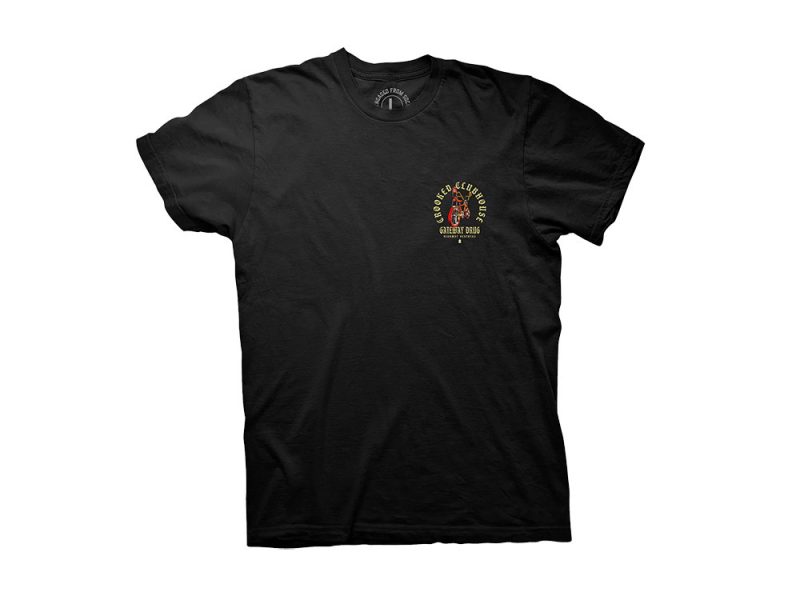 Cigar Clubhouse T-shirt with Revelry Cycles logo, perfect for motorcycle enthusiasts.